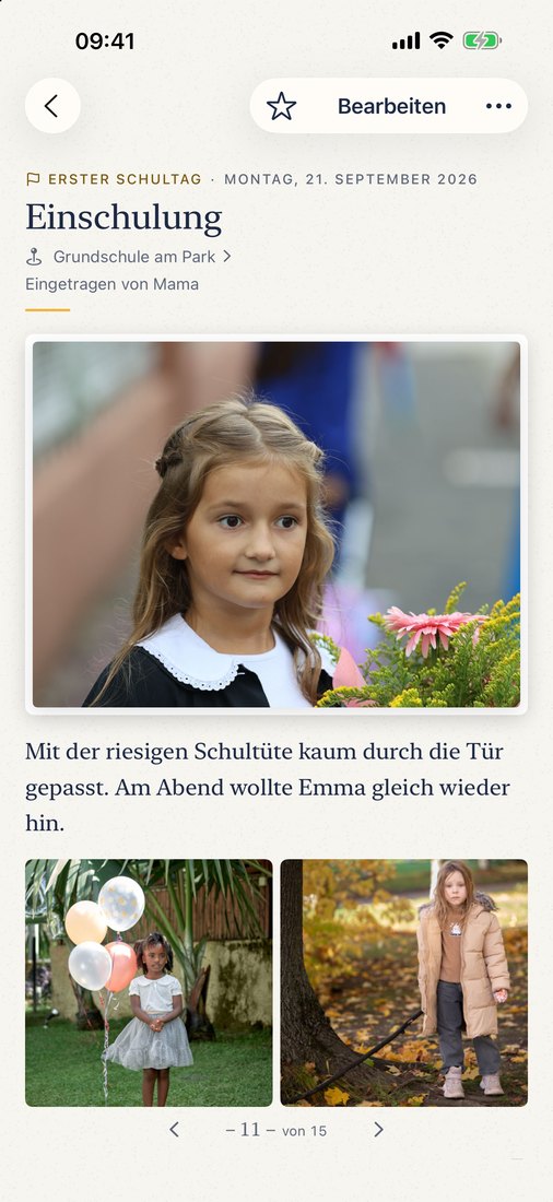 Eine Seite im Buch wie im Fotobuch: Einschulung mit Fotos